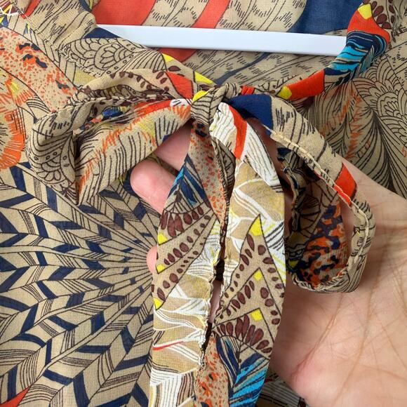 HOPE Boho Sheer Printed Cape Poncho Top Tan Tie Neck Ruffle Hem Festival Hippie - Picture 5 of 11